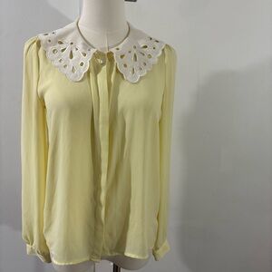 Yellow White Peter Pan Collar Chiffon Button Down Blouse Long Sleeve Sz S
